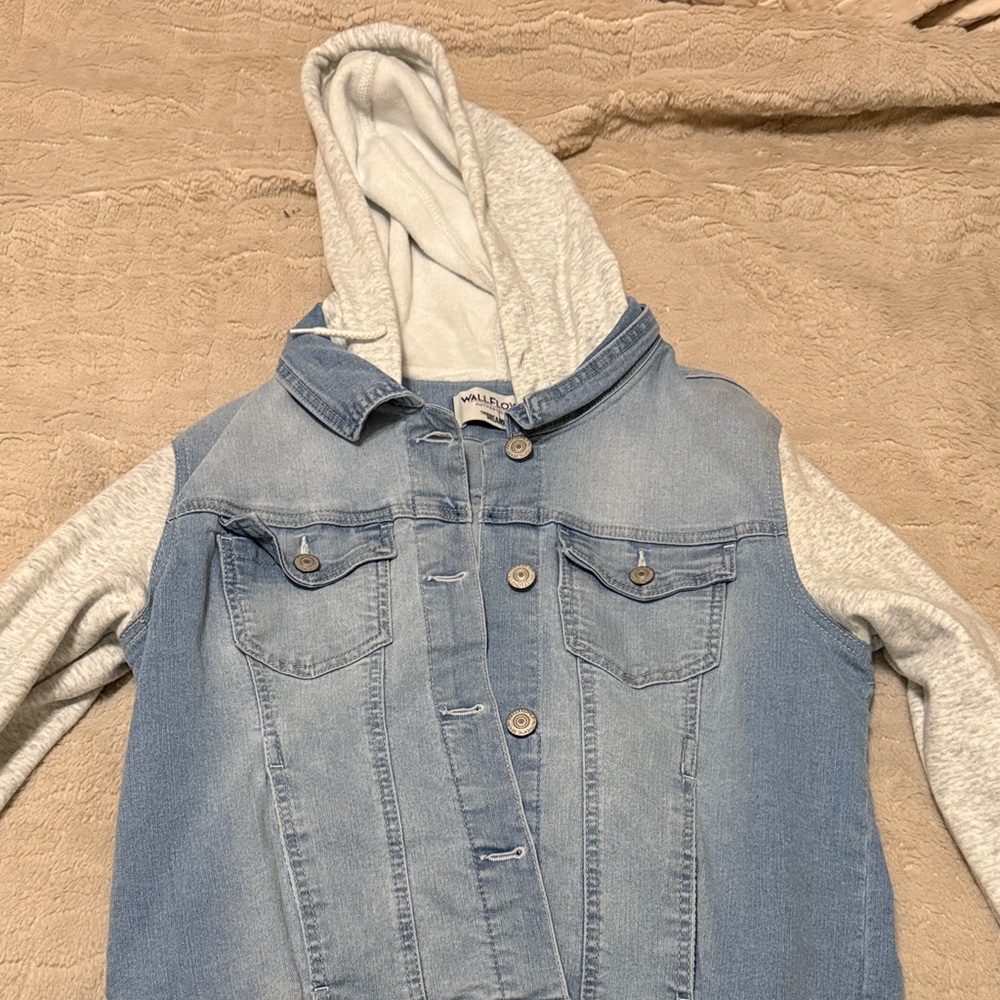 Zara Light Blue Denim Jacket with Gray Hood